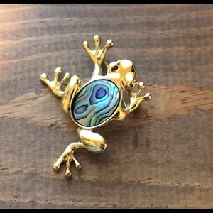 Gold and Aqua Blue Frog Brooch